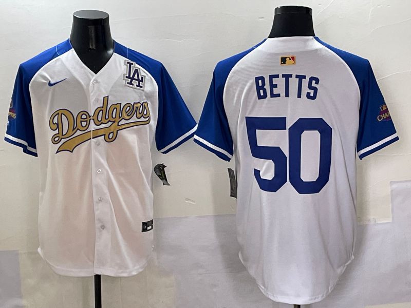 Men Los Angeles Dodgers #50 Betts White Blue Champion gold character Nike 2025 MLB Jersey style 5058